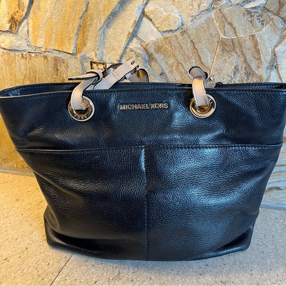Michael Kors Black Leather Tote Bag Gold Hardware Designer Work Purse